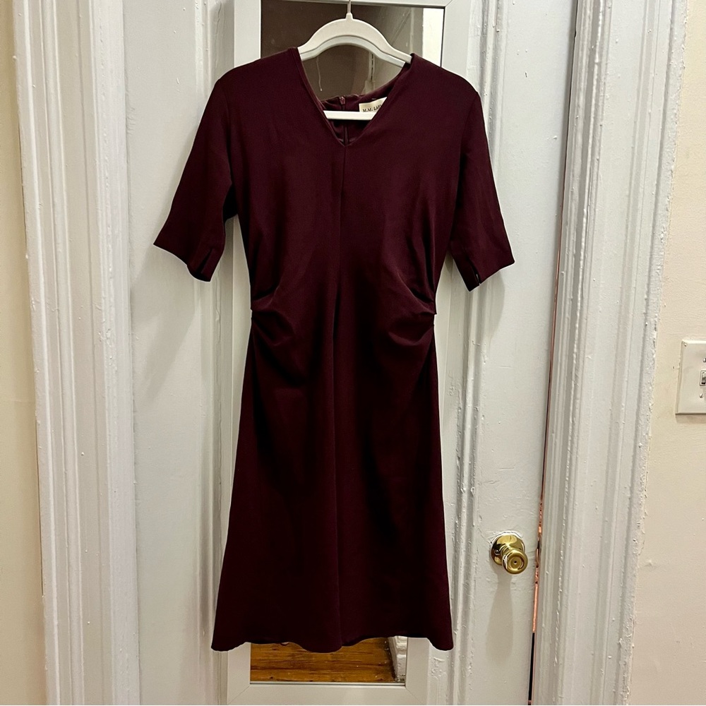 M.M. LaFleur Burgundy/ Maroon Ruched Waist Business Casual Dress